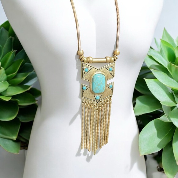 Gold Turquoise Fringe Necklace & Earring Set - Picture 8 of 16